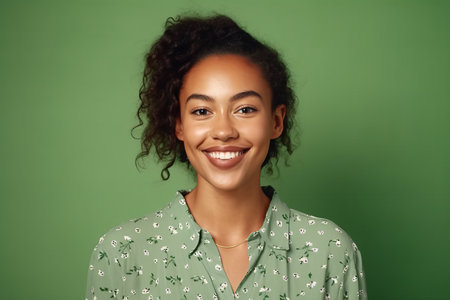 Smiling young african american woman in pajamas on green backgroundの素材