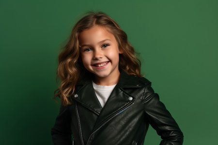 cute little girl in a leather jacket on a green background.の素材