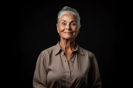 Portrait of a smiling senior woman looking at camera on black backgroundの素材