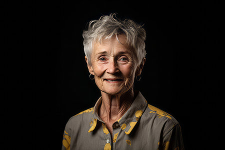 Portrait of a happy senior woman on a black background. Studio shot.の素材