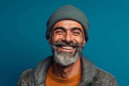 Portrait of a happy mature man with gray beard wearing a hat and coat smiling at the camera isolated over blue backgroundの素材