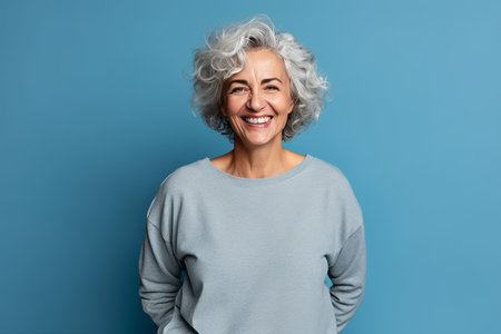 smiling senior woman with gray hair looking at camera isolated on blueの素材