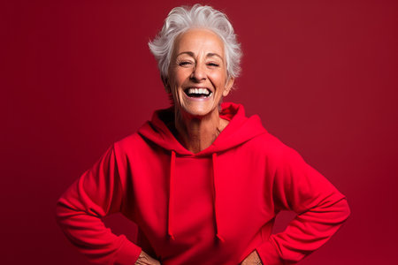 Portrait of a happy senior woman in a red jacket on a red backgroundの素材