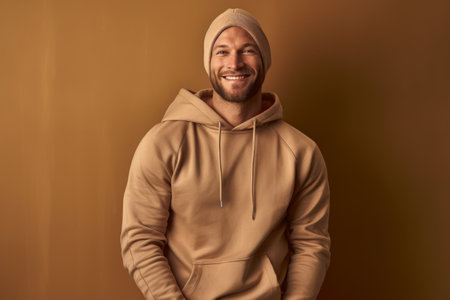 Portrait of a young man in a warm hoodie on a brown backgroundの素材