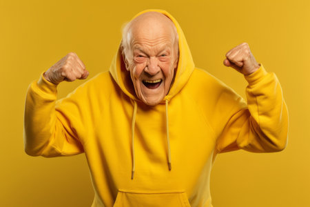 Portrait of an old man in a yellow hoodie on a yellow backgroundの素材