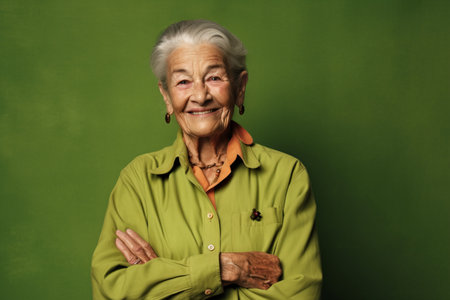 Portrait of a happy senior woman on a green background. Looking at camera.の素材