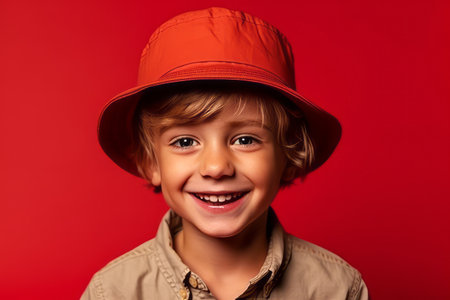 Portrait of a cute little boy in a hat on a red background.の素材