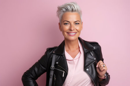 Portrait of a beautiful middle-aged woman with short hair in a leather jacket on a pink backgroundの素材