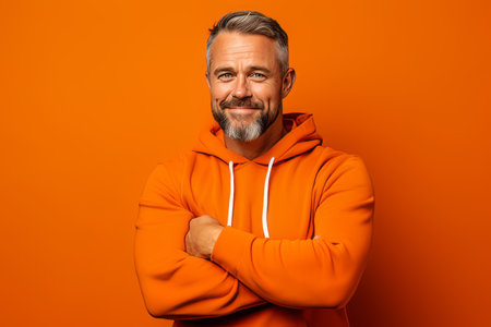 Portrait of mature man in orange hoodie on orange background.の素材