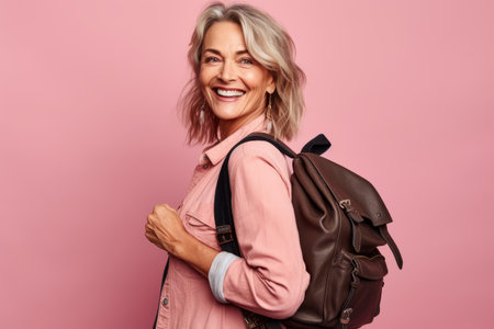 Portrait of smiling mature woman with backpack looking at camera isolated over pink backgroundの素材