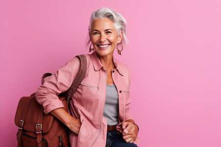 Portrait of a smiling mature woman with backpack isolated over pink backgroundの素材