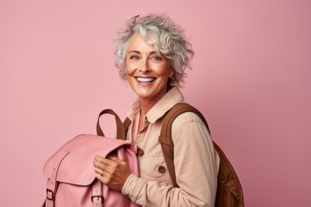 cheerful senior woman with backpack smiling at camera isolated on pinkの素材