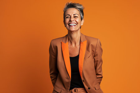 Happy mature business woman laughing and looking at the camera on orange backgroundの素材
