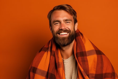 smiling young man wrapped in a plaid on an orange backgroundの素材