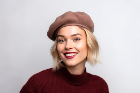 Portrait of a beautiful young woman in a beret on a gray backgroundの素材