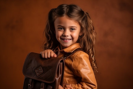 Portrait of a cute little girl with a leather backpack. Studio shot.の素材