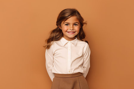 Portrait of a beautiful little girl in a white blouse on a brown backgroundの素材