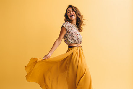 cheerful african american woman in beige skirt dancing isolated on yellowの素材
