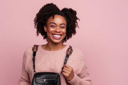 Portrait of cheerful african american woman looking at camera isolated on pink backgroundの素材