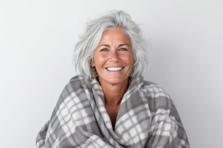 Close up portrait of a happy senior woman wrapped in a plaidの素材