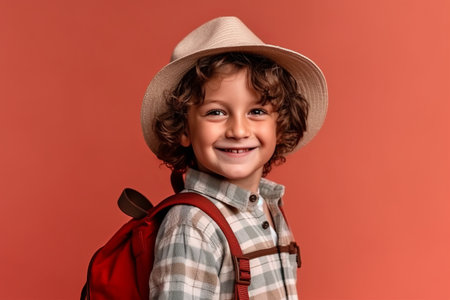 Portrait of a little boy with a backpack on a red backgroundの素材