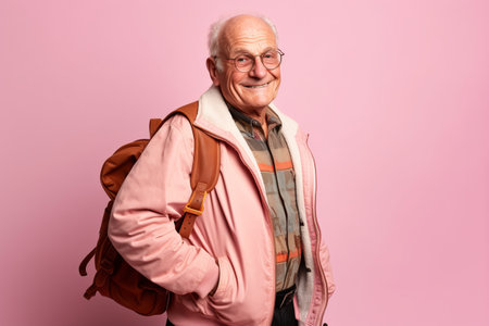 Portrait of an elderly man with a backpack on a pink backgroundの素材