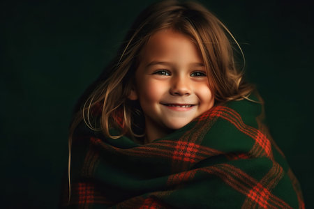 Little girl wrapped in a plaid on a dark green background.の素材