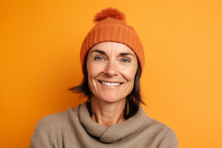 Portrait of a smiling middle-aged woman wearing hat and sweater isolated over yellow backgroundの素材