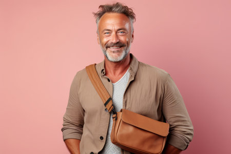 Portrait of happy mature man with handbag smiling at camera isolated over pink backgroundの素材