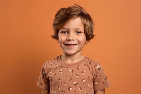 Portrait of a smiling little boy on a brown background in studio.の素材