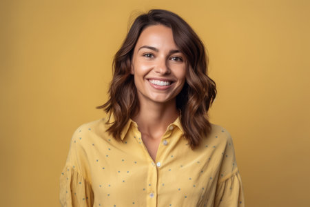 Portrait of beautiful young woman smiling and looking at camera over yellow backgroundの素材