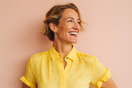 Portrait of happy mature woman in yellow blouse on pink backgroundの素材