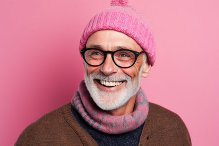 Portrait of a smiling senior man in hat and scarf against pink backgroundの素材