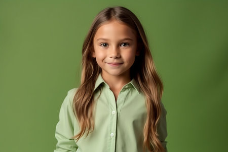 Portrait of a smiling little girl in a green shirt on a green backgroundの素材