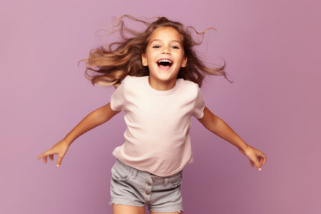 Portrait of a happy little girl with long flying hair on a purple backgroundの素材