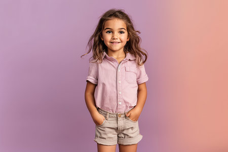 smiling little girl in shirt and shorts looking at camera isolated on purpleの素材