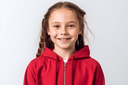 Portrait of a smiling little girl in a red jacket on a white backgroundの素材