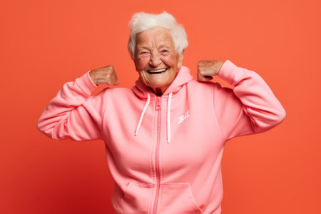 Happy senior woman in pink hoodie smiling and showing her muscles.の素材
