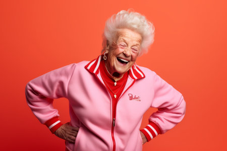 Portrait of a happy senior woman posing isolated over red background.の素材
