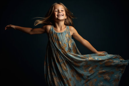 Portrait of a happy little girl in a dress on a dark backgroundの素材