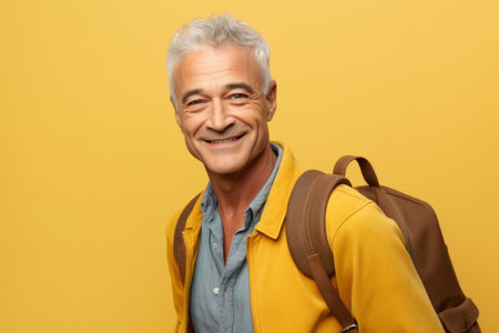 smiling senior man with backpack looking at camera isolated on yellow backgroundの素材