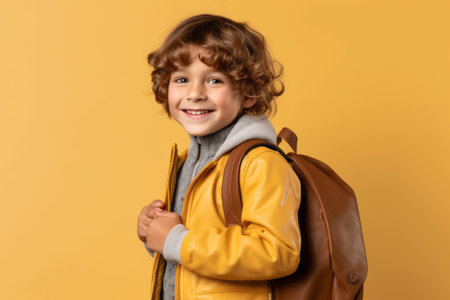 smiling schoolboy with backpack looking at camera isolated on yellow backgroundの素材