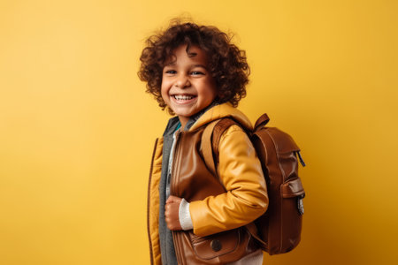 smiling african american boy with backpack looking at camera isolated on yellowの素材