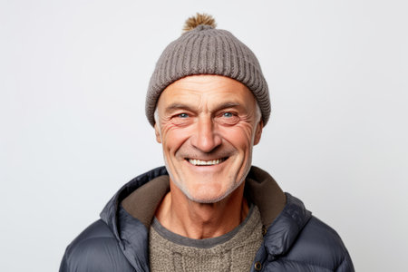 Portrait of a smiling senior man in a hat and jacket on a white backgroundの素材