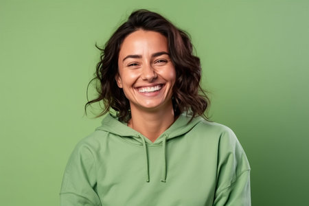 Portrait of a smiling young woman in green hoodie against green backgroundの素材