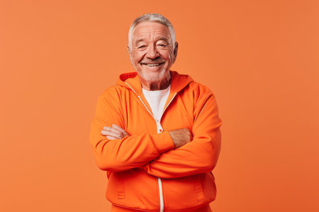 Portrait of a smiling senior man in sportswear standing with arms folded isolated over orange backgroundの素材
