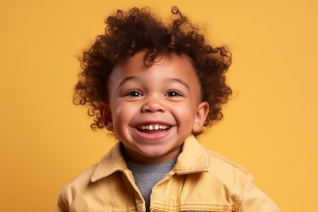Portrait of a smiling african american little boy over yellow backgroundの素材