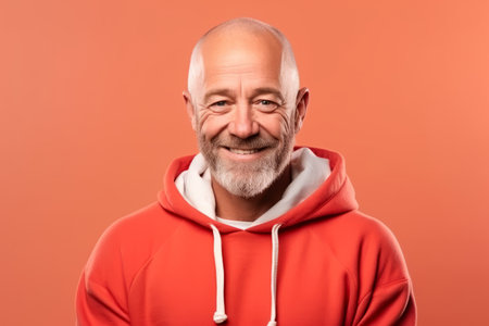 Portrait of a senior man in a red hoodie smiling at the camera.の素材