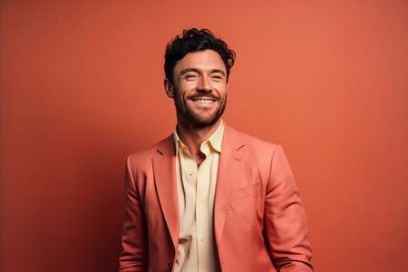 smiling handsome man in suit looking at camera isolated on red backgroundの素材