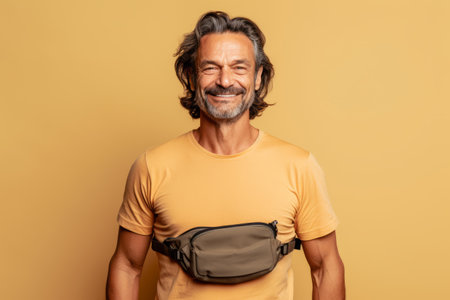 smiling mature man in yellow t-shirt with backpack isolated on yellowの素材